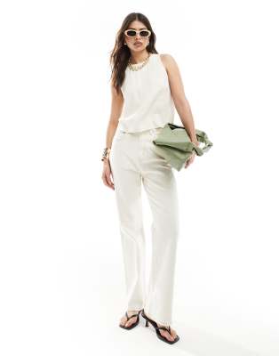 Stradivarius linen blend racerback top in stone - view 1
