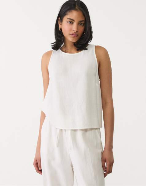 Stradivarius linen blend racerback top in white - view 1
