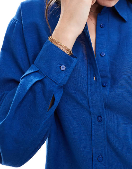 Stradivarius linen blend relaxed shirt in cobalt, 4 of 4