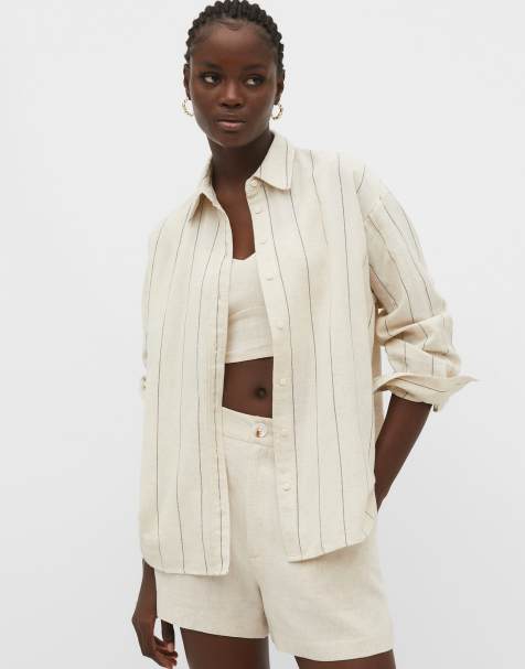 Stradivarius Linen blend shirt in beige - view 1