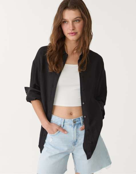 Stradivarius Linen blend shirt in black - view 1