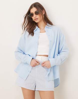 Stradivarius linen blend shirt in denim blue - view 1