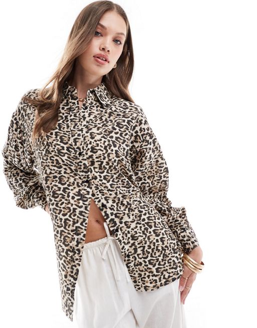 Stradivarius linen blend shirt in leopard print 