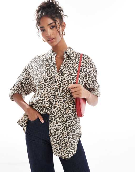 Stradivarius linen blend shirt in leopard print 