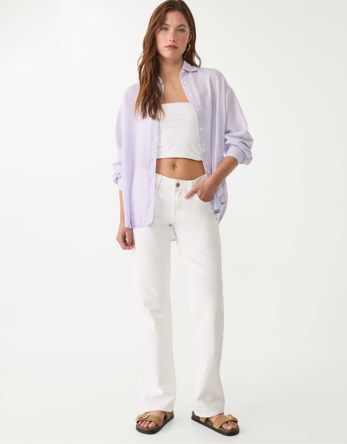 Stradivarius linen blend shirt in mauve