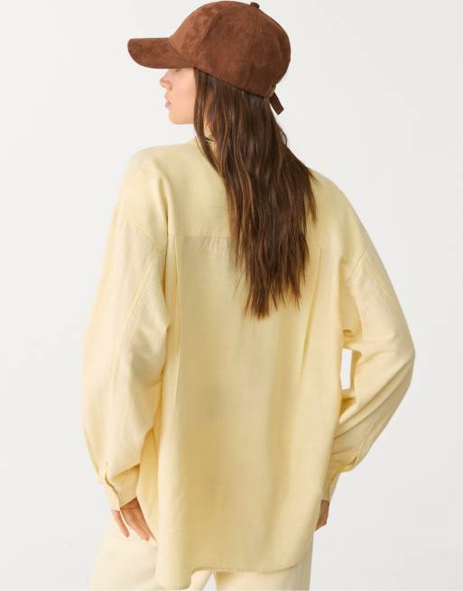 Stradivarius Linen blend shirt in pale yellow, 3 of 4
