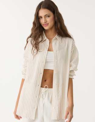 Stradivarius linen blend shirt in stone - view 1