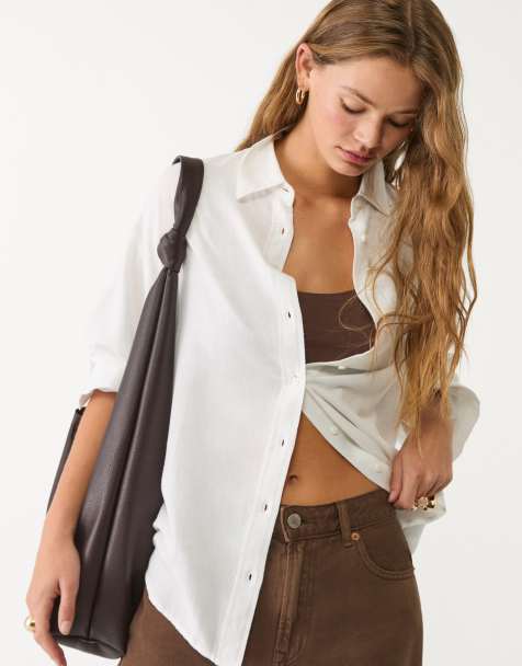 Stradivarius linen blend shirt in white - view 1