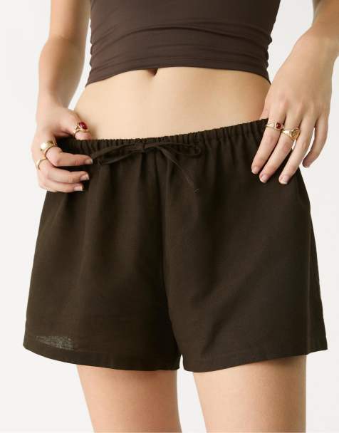 Stradivarius Linen blend shorts with drawstring in brown - view 1