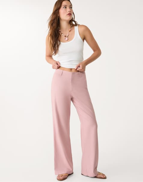 Stradivarius linen blend straight leg trousers in dark fuchsia - view 1
