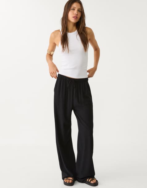 Stradivarius linen blend trousers in black 