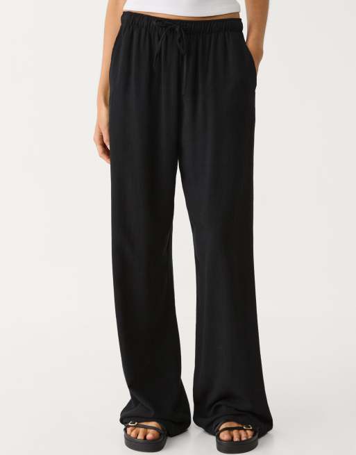 Stradivarius linen blend trousers in black 