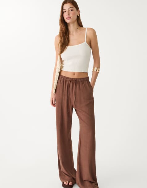 Stradivarius linen blend trousers in brown - view 1