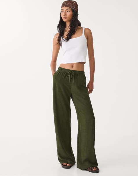 Stradivarius linen blend trousers in green - view 1