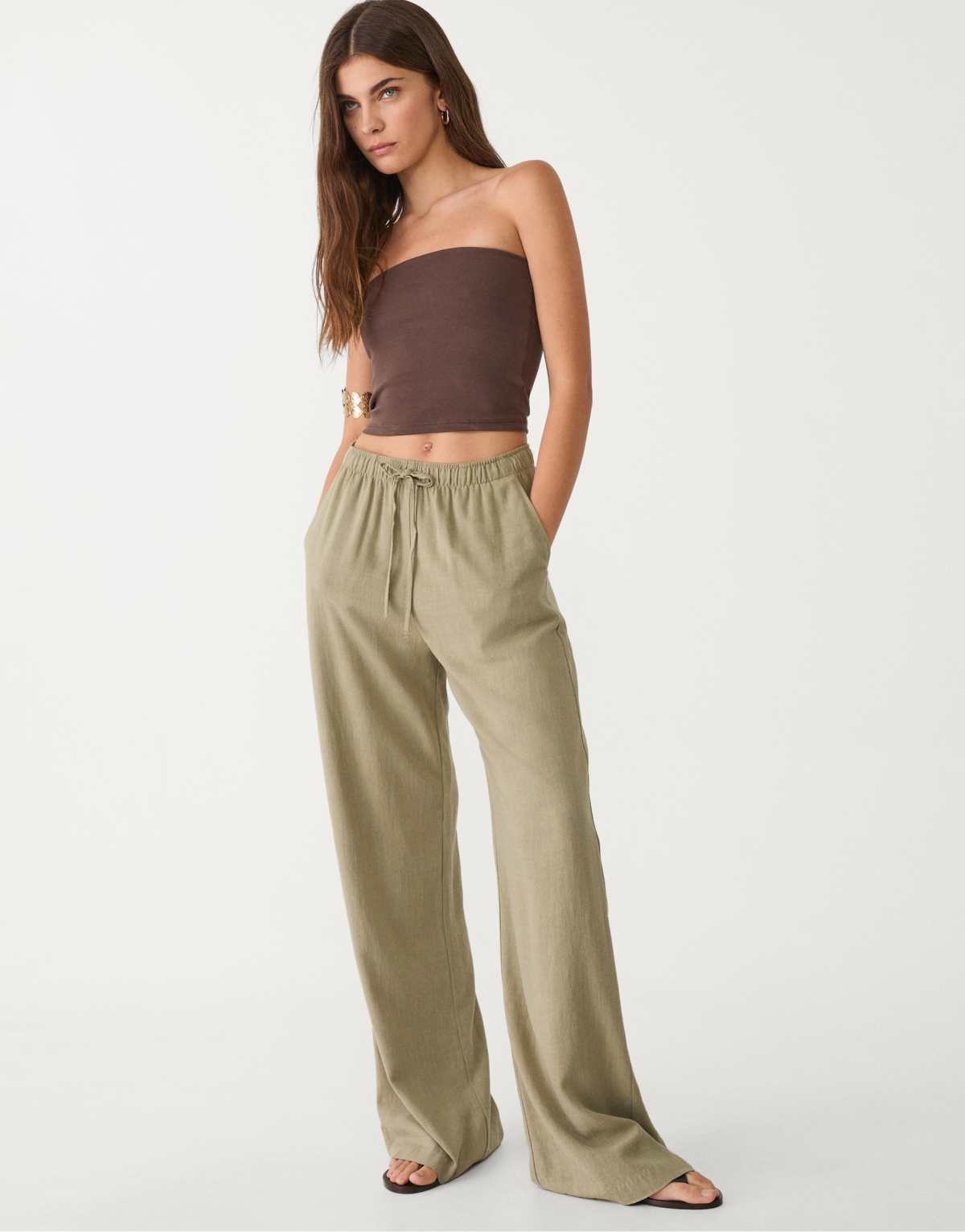 Stradivarius linen blend trousers in khaki