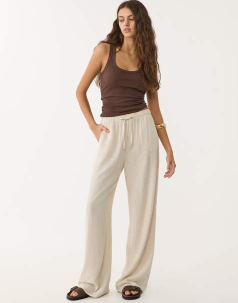 Stradivarius linen blend trousers in stone 
