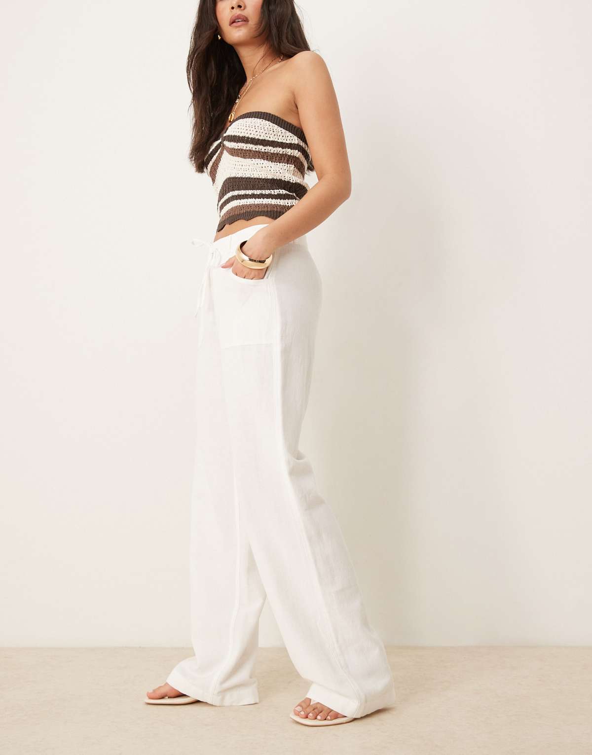 Stradivarius linen blend trousers with pocket in white