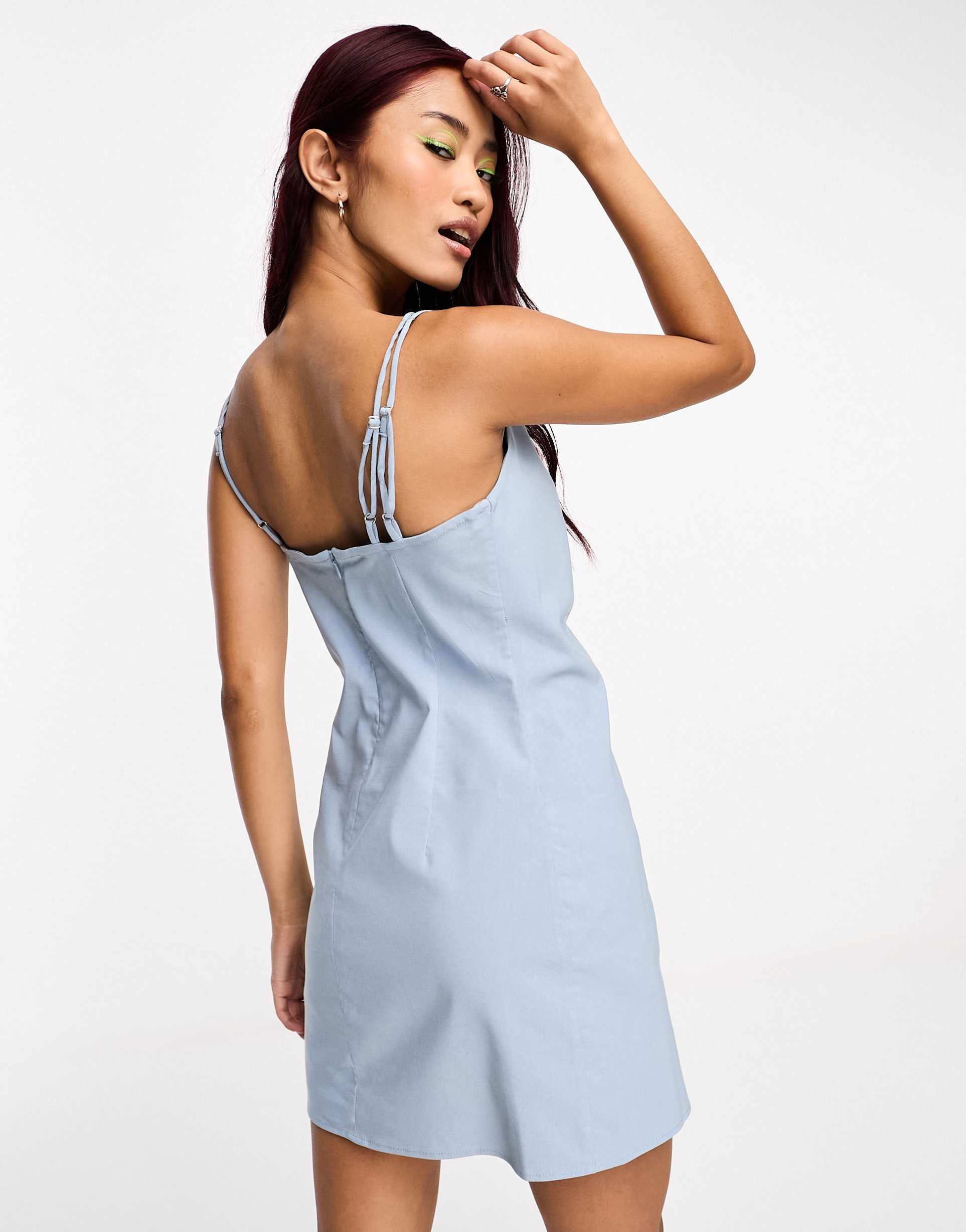 stradivarius linen cami mini dress in blue