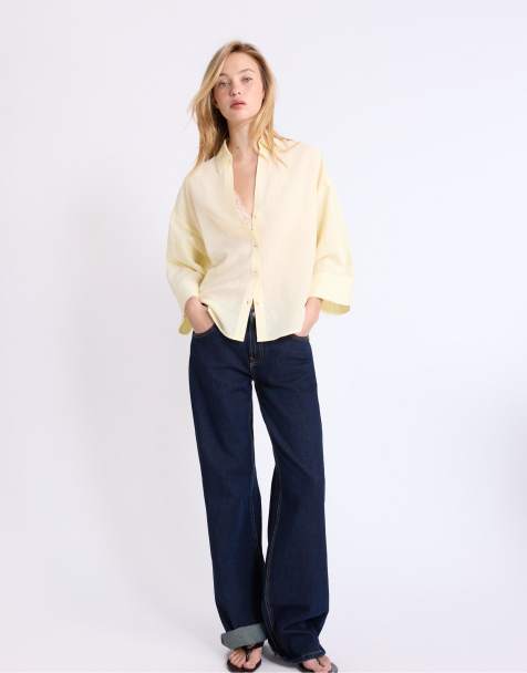 Stradivarius Linen-effect kimono sleeve shirt in yellow - view 1