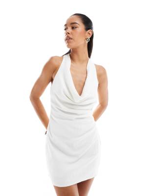 Stradivarius Linen Look Cowl Neck Mini Dress In White