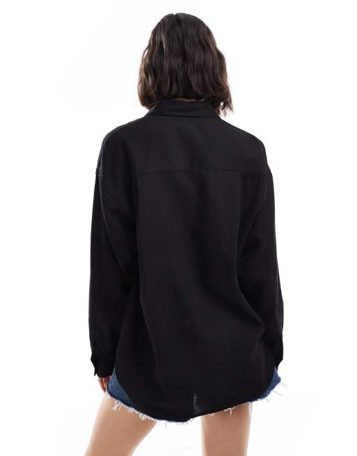 Stradivarius linen look long sleeve shirt in black