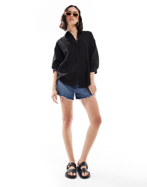 Stradivarius linen look long sleeve shirt in black