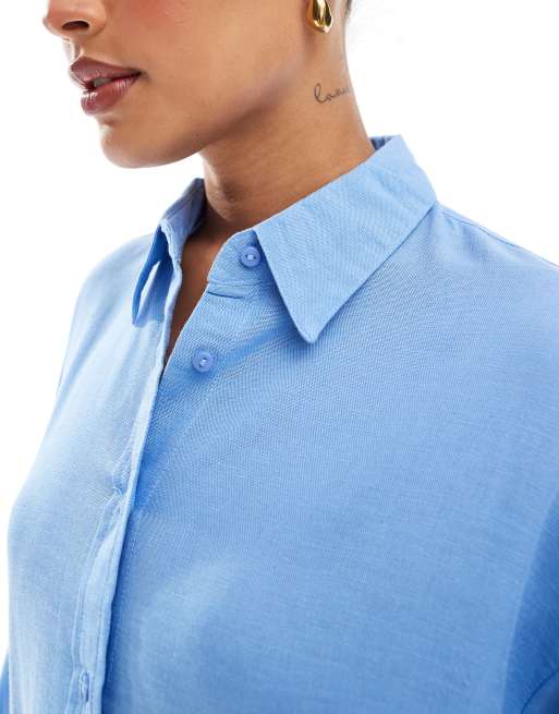 Stradivarius relaxed fit linen look shirt in blue