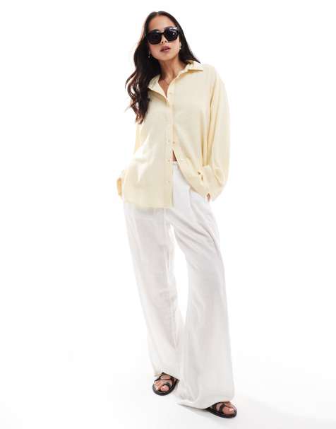 Stradivarius linen look long sleeve shirt in buttermilk - view 1