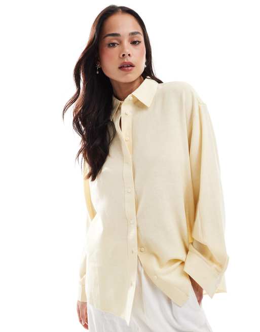 Stradivarius linen look long sleeve shirt in buttermilk, 2 of 4