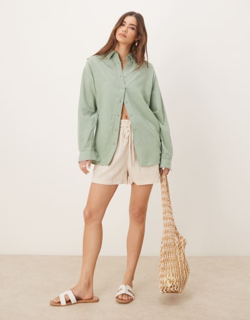 Stradivarius linen-look long sleeve shirt in khaki