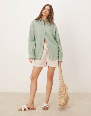 Stradivarius linen-look long sleeve shirt in oatmeal