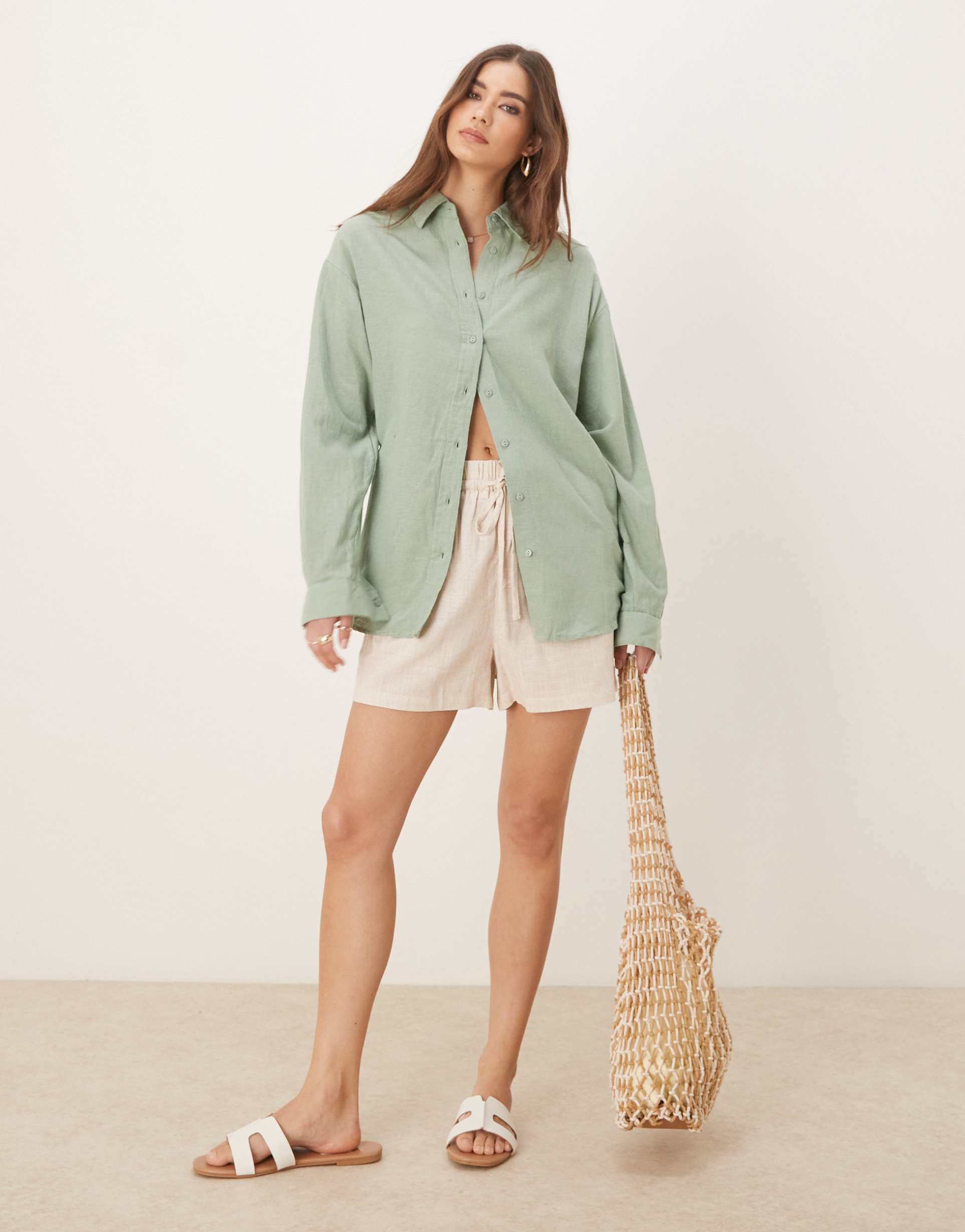 stradivarius linen-look long sleeve shirt in khaki
