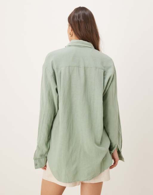 Stradivarius linen-look long sleeve shirt in khaki