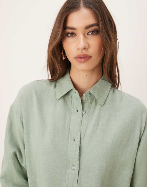Stradivarius linen-look long sleeve shirt in khaki