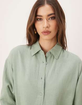 Stradivarius linen-look long sleeve shirt in khaki