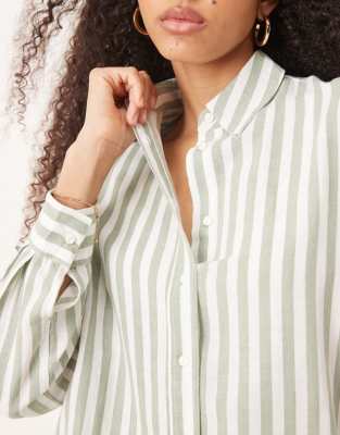 Stradivarius linen look long sleeve shirt in light green stripe