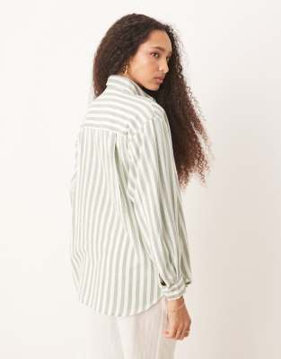 Stradivarius linen look long sleeve shirt in light green stripe