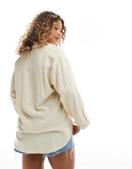Stradivarius linen-look long sleeve shirt in oatmeal