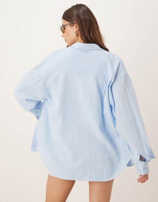 Stradivarius linen look long sleeve shirt in pale blue 