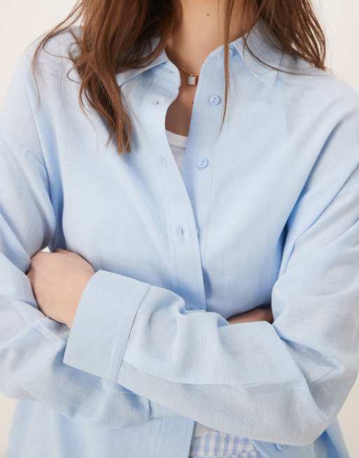 Stradivarius linen look long sleeve shirt in pale blue 