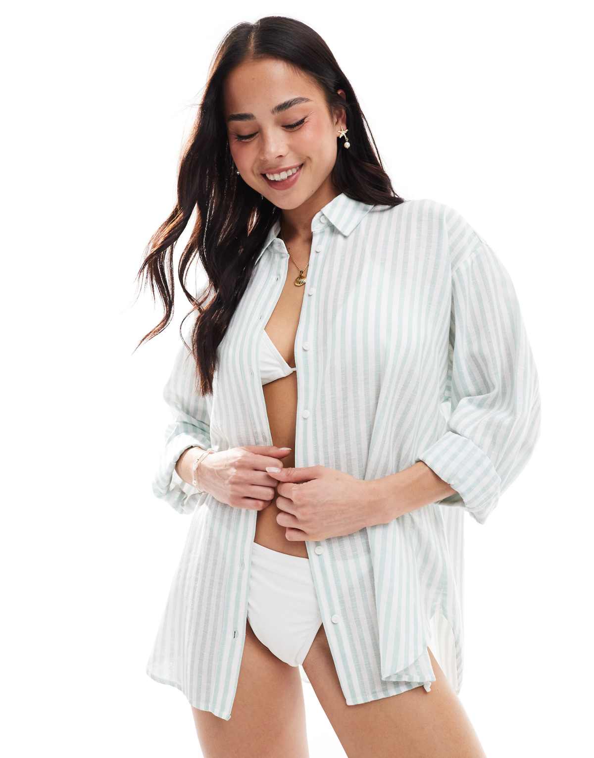 Stradivarius linen look long sleeve shirt in sage green stripe