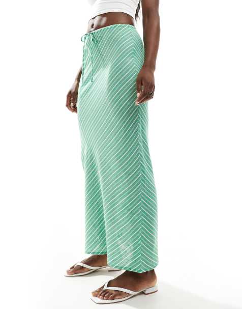 Stradivarius linen look maxi skirt in green stripe - view 1