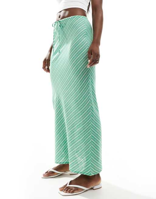 Stradivarius linen look maxi skirt in green stripe 