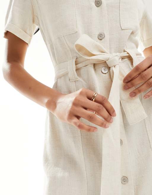 Stradivarius linen look midi shirt dress in natural | ASOS