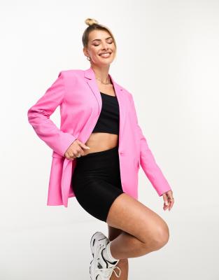 Stradivarius linen look oversized blazer in hot pink