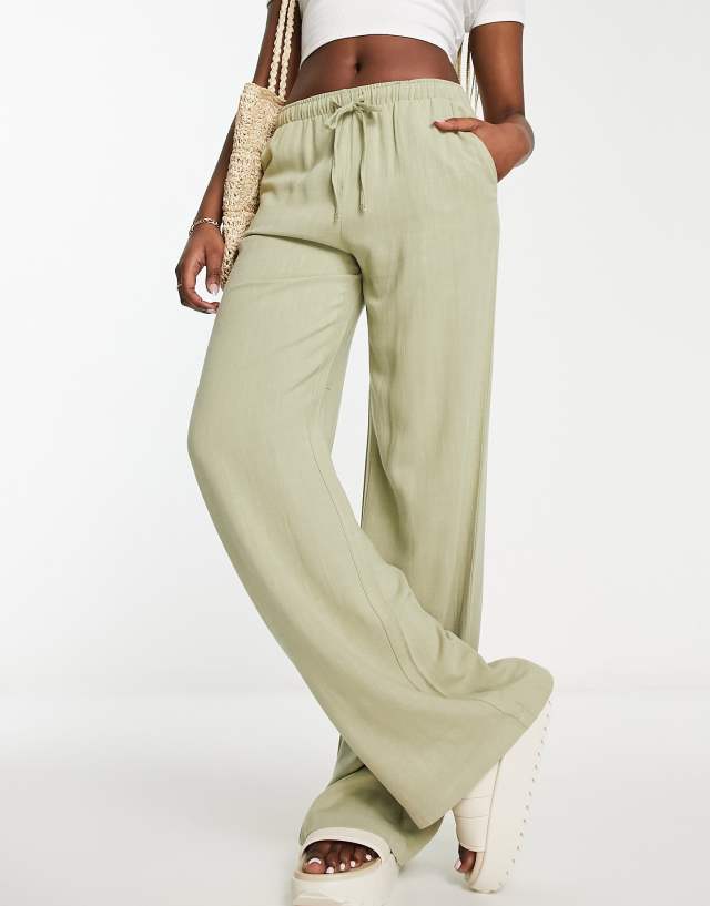 Stradivarius linen look pants with drawstring in khaki