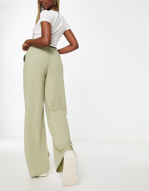 Khaki Linen Blend Drawstring Waist Wide Leg Trousers