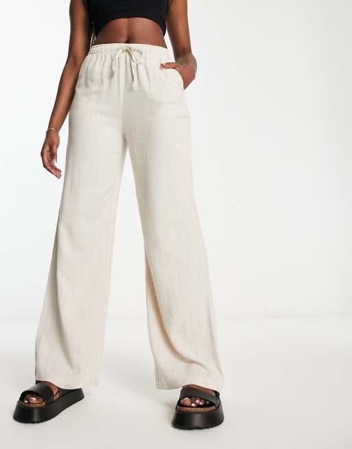 Stradivarius Petite linen look wide leg pants in natural - ShopStyle