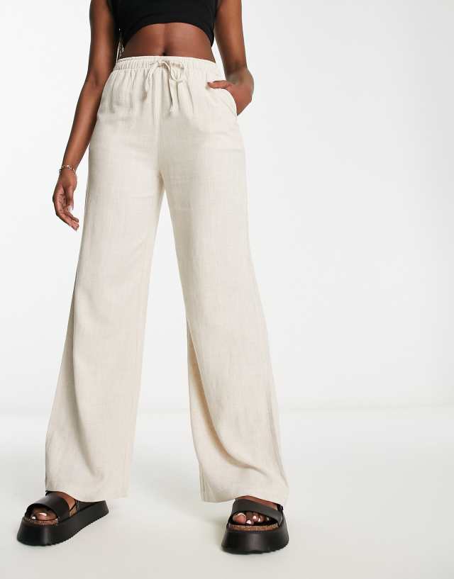 Stradivarius linen look trouser with drawstring in black