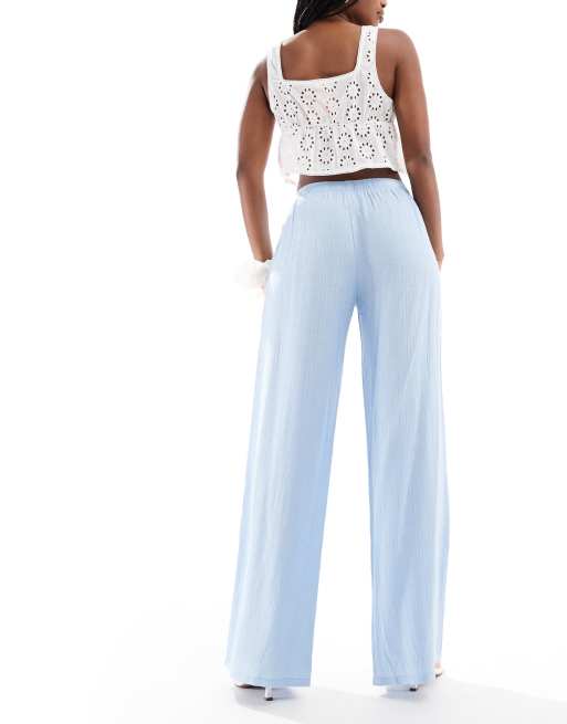 Stradivarius linen look pull on crinkle trouser in blue